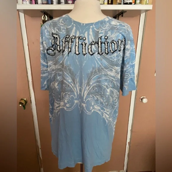 Rare Affliction Blue Portrait Short Sleeve T-Shirt – Y2K Slim Fit Silver Foil – NWT
